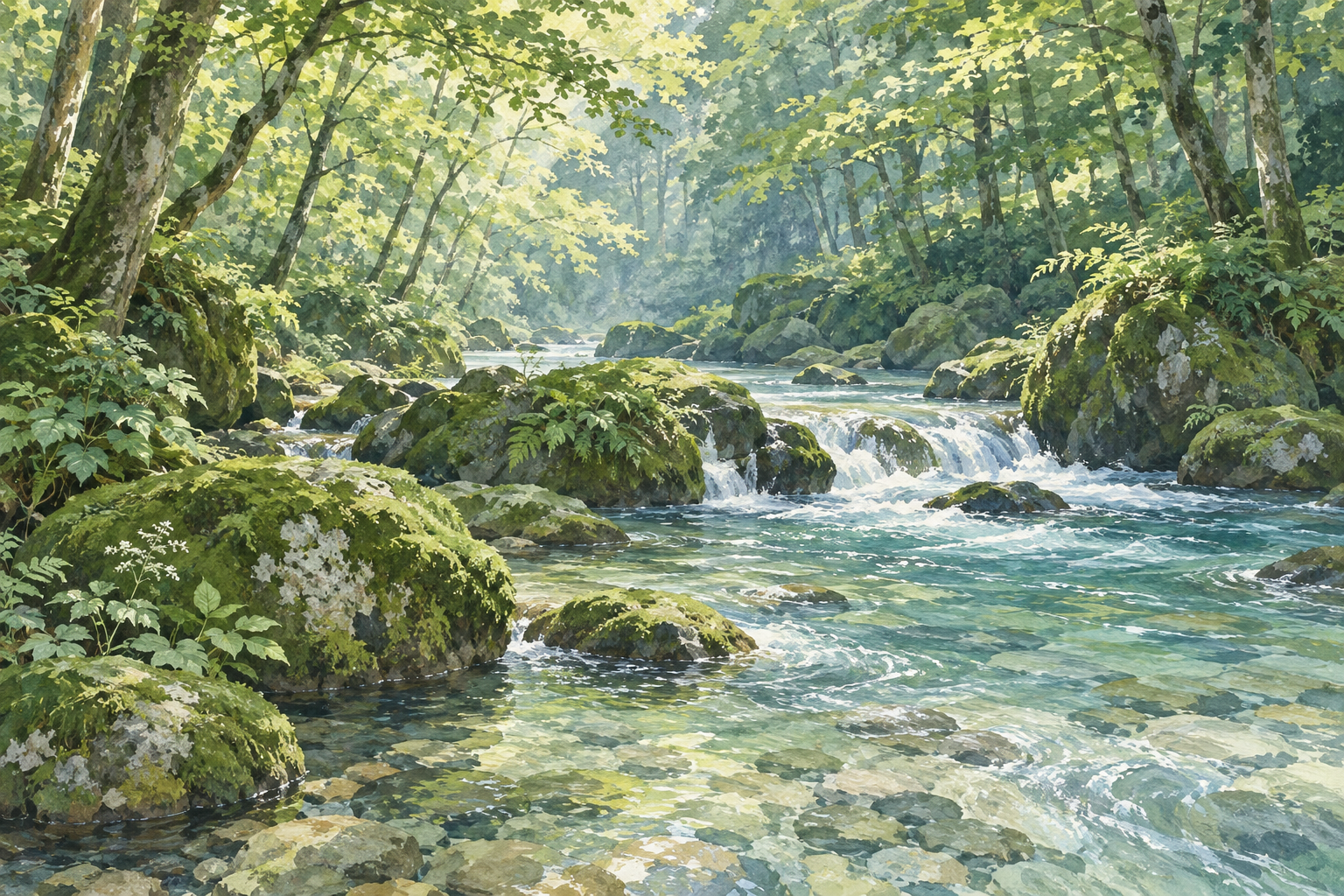十和田市をイメージした、森の中を流れる渓流を描いたイラスト