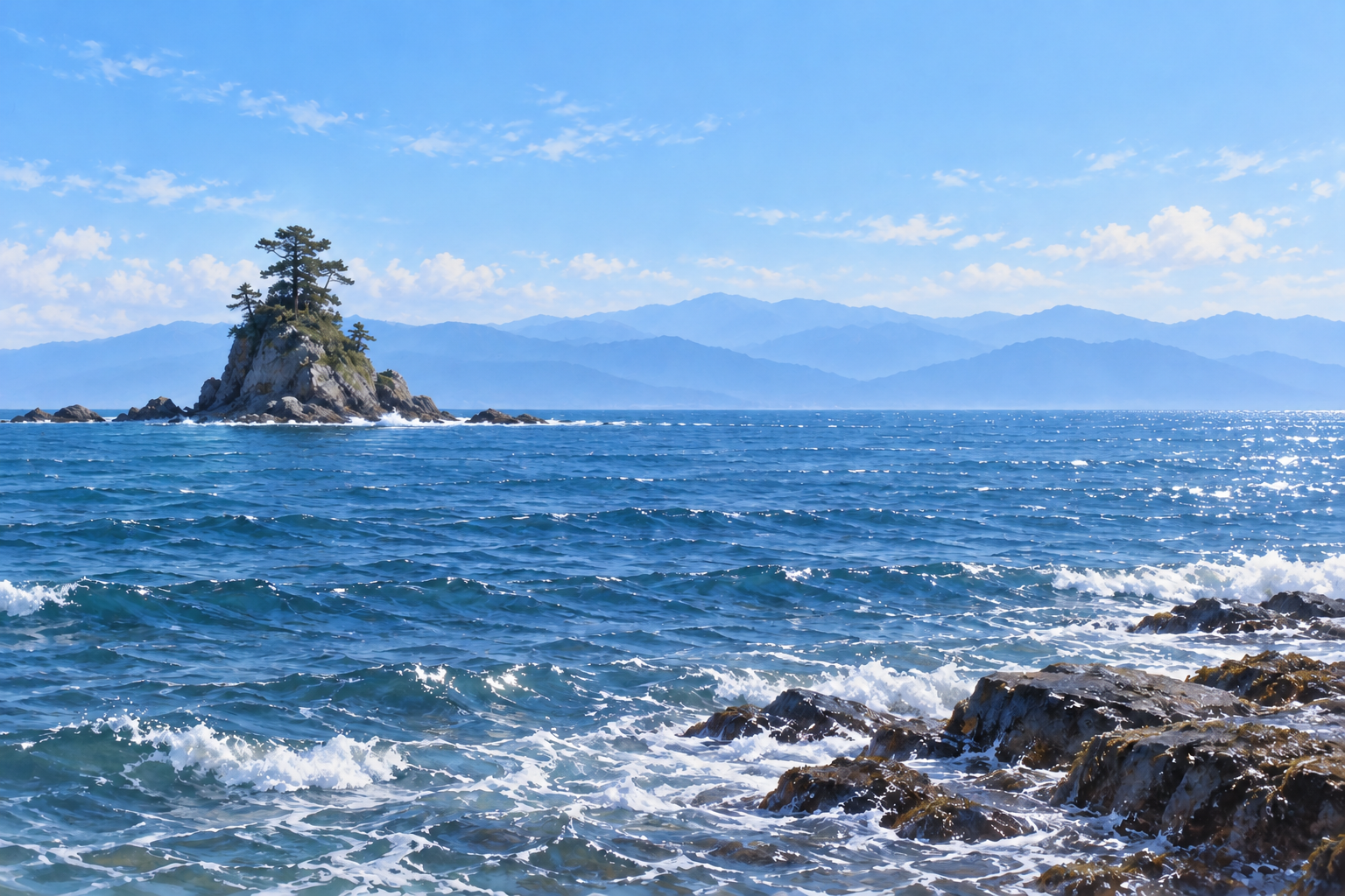 富山県の雨晴海岸の掲載写真をモチーフに、樹木のある岩と青い海、白い波、奥に淡い山並みを描いた創作イラスト。岩や樹木・波・山の形・光と配置は創作と簡略化を含み、正確な地形や現在の天候・海況・眺望・通行・安全を示す写真ではありません
