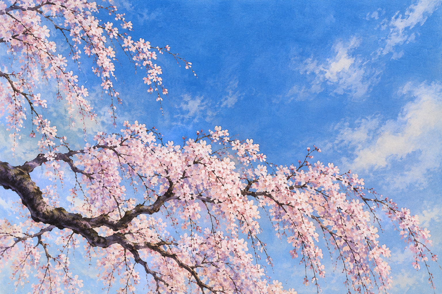 豊丘村の桜の景観をモチーフに、青空と、画面下から広がる暗い枝や淡い桃色の垂れる花を別構図で描いた創作イラスト。木や枝の形と配置は創作と簡略化を含みます。正確な地点や現在の開花、立入条件を示す写真ではありません