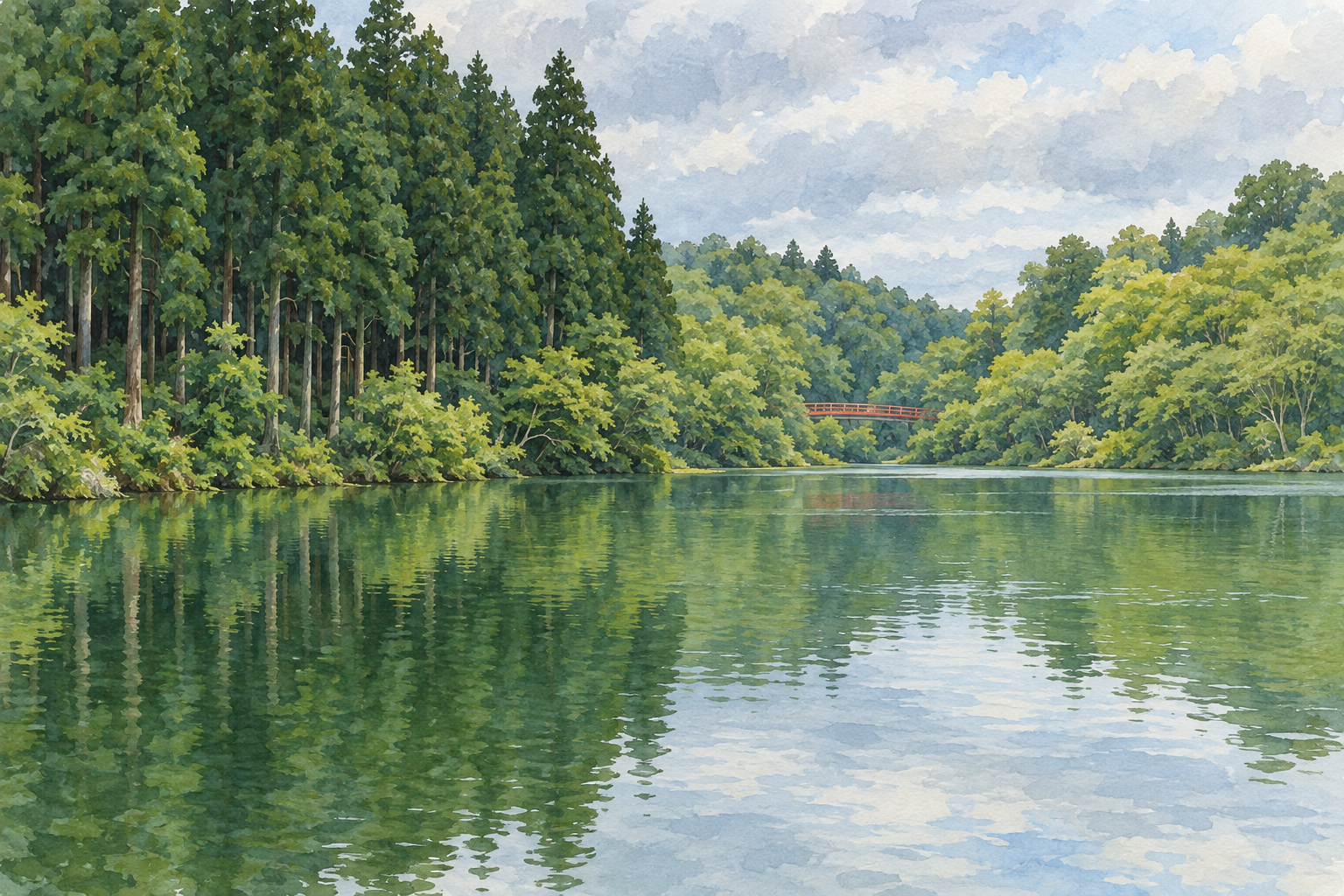 津幡町にある石川県森林公園の公式写真をモチーフに、緑の池と左岸の背の高い木々、奥の小さな赤い橋を描いた創作イラスト。木や水面・橋・空・光・配置は創作と簡略化を含み、正確な地形や構造、現在の水量・植生・天候や橋・施設の営業・通行・安全を示す写真ではありません