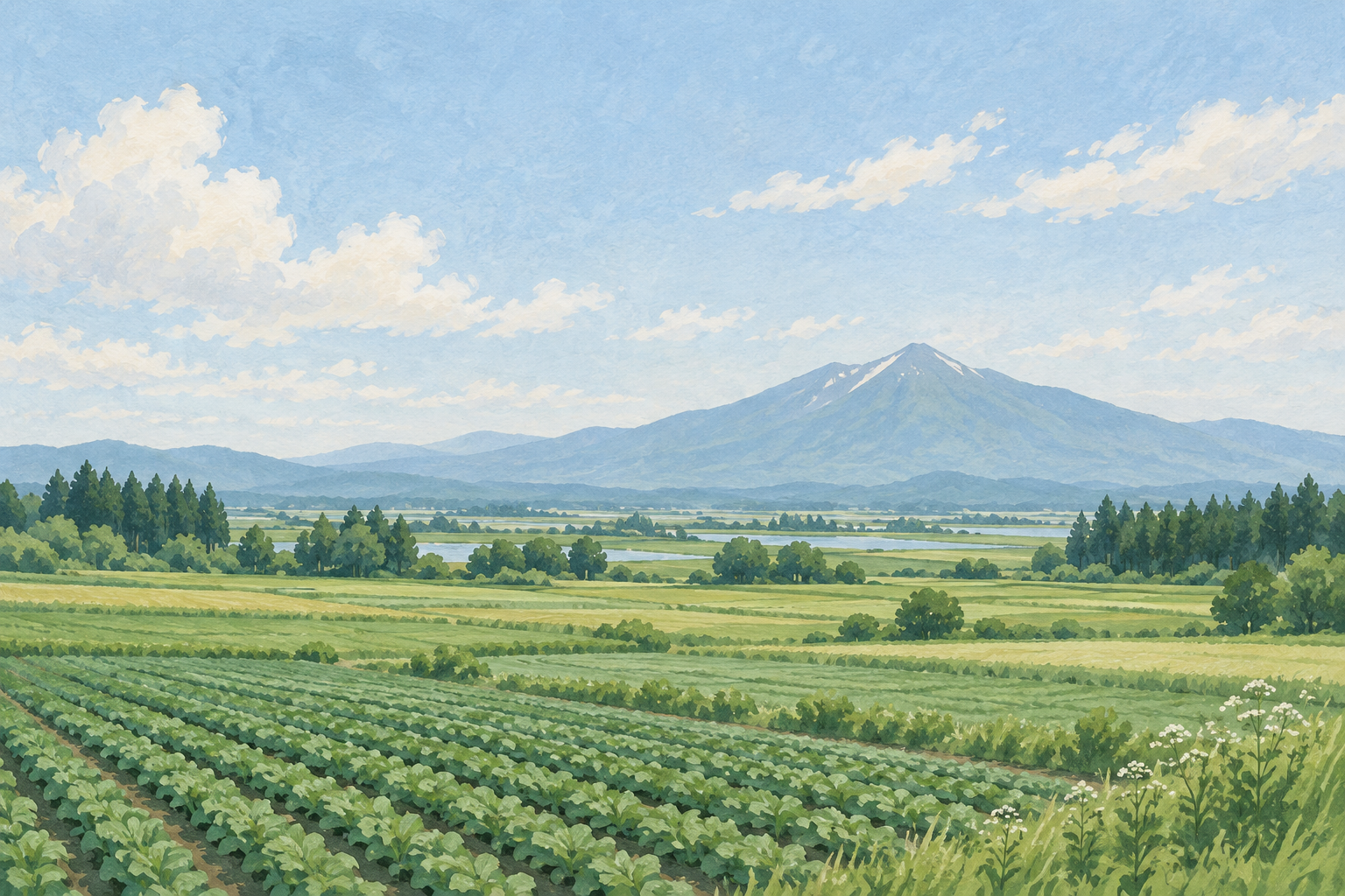 つがる市をイメージした、畑と防風林が広がる風景のイラスト