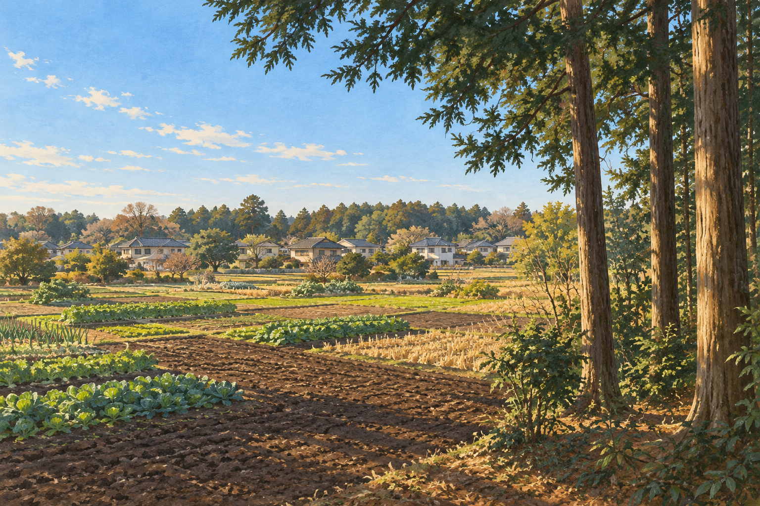 鶴ヶ島市高倉の景観資料を参考に、屋敷林のそばの畑と集落を描いた創作イラスト。実景写真や現在の土地の状態を示すものではありません。