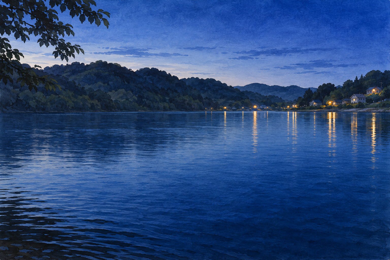 上野原市公式の大野貯水池の夜景写真をモチーフに、青い時間帯の水面と低い山の影、岸辺の小さな明かりを描く創作イラスト。山や岸・明かりの配置と時間帯は創作と簡略化を含み、正確な地理や天体・現在の水位・照明・通行状況を示す写真ではありません