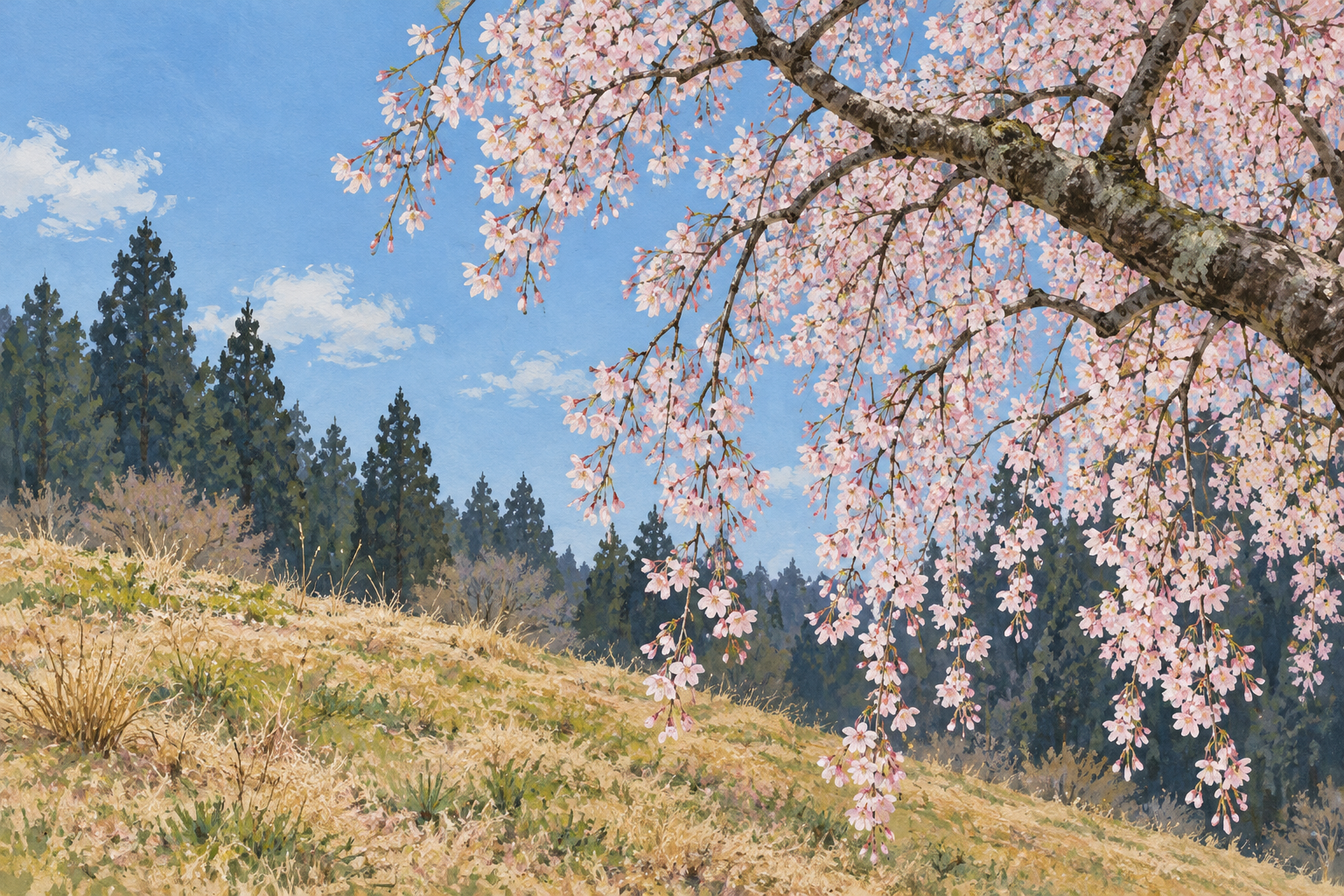 売木村の桜の景観をモチーフに、右手前の淡い桃色の枝と、左に開けた草地、奥の針葉樹を別構図で描いた創作イラスト。木や地面の形と配置は創作と簡略化を含み、正確な地点や現在の開花、立入条件を示す写真ではありません