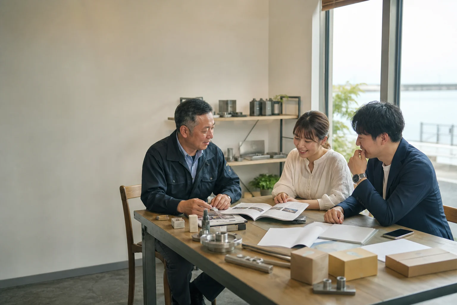 会社の資料を見ながらホームページについて相談する様子