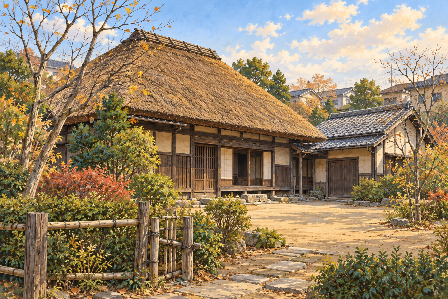 和光市の景観資料を参考に、茅葺きの民家と庭、周囲の街並みを描いた創作イラスト。実景写真や歴史的建物の復元図ではありません。
