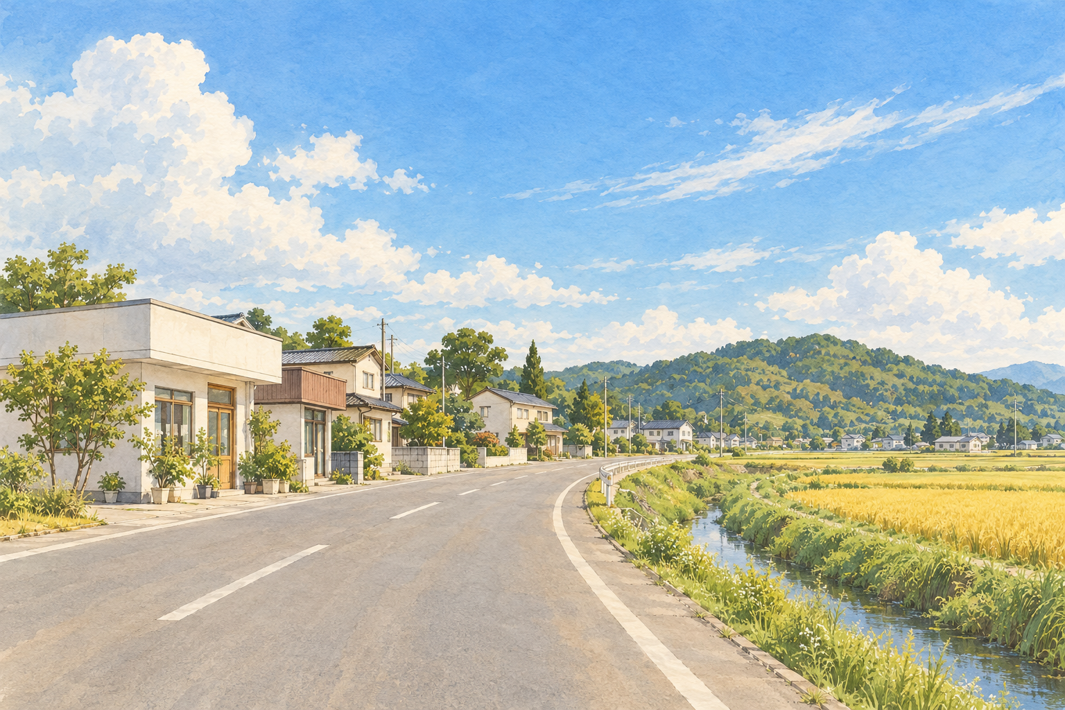 涌谷町をイメージした、日常のお店や家々、田畑と小さな水路、遠くの緑の低い丘がある架空の町のイラスト