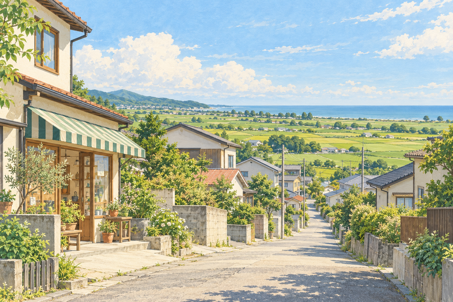 亘理をイメージした、日常のお店と家々の向こうに田畑が広がり、遠くに海と低い丘が見える架空の町のイラスト