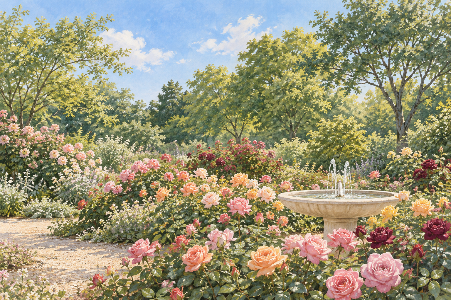 県公式観光サイトにある八千代市の京成バラ園の実写真を参考に、バラの花壇と木々、小さな噴水を別の配置で描いた創作イラスト。実景写真や正確な園内図、現在の開花・営業や通行条件、Bämの拠点を示すものではありません。