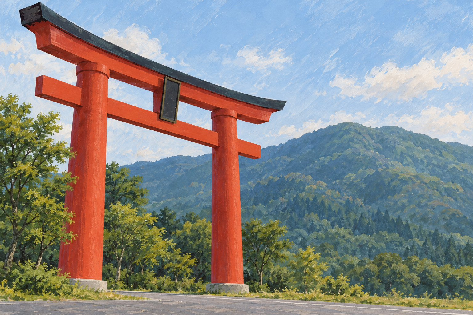 弥彦村の大鳥居と弥彦山をモチーフに、大きな朱色の鳥居と奥の山並みを描いた創作イラスト。鳥居の形・周辺の木々や山・配置は創作と簡略化を含み、正確な建築や現在の景観・参拝や通行の可否を示す写真ではありません