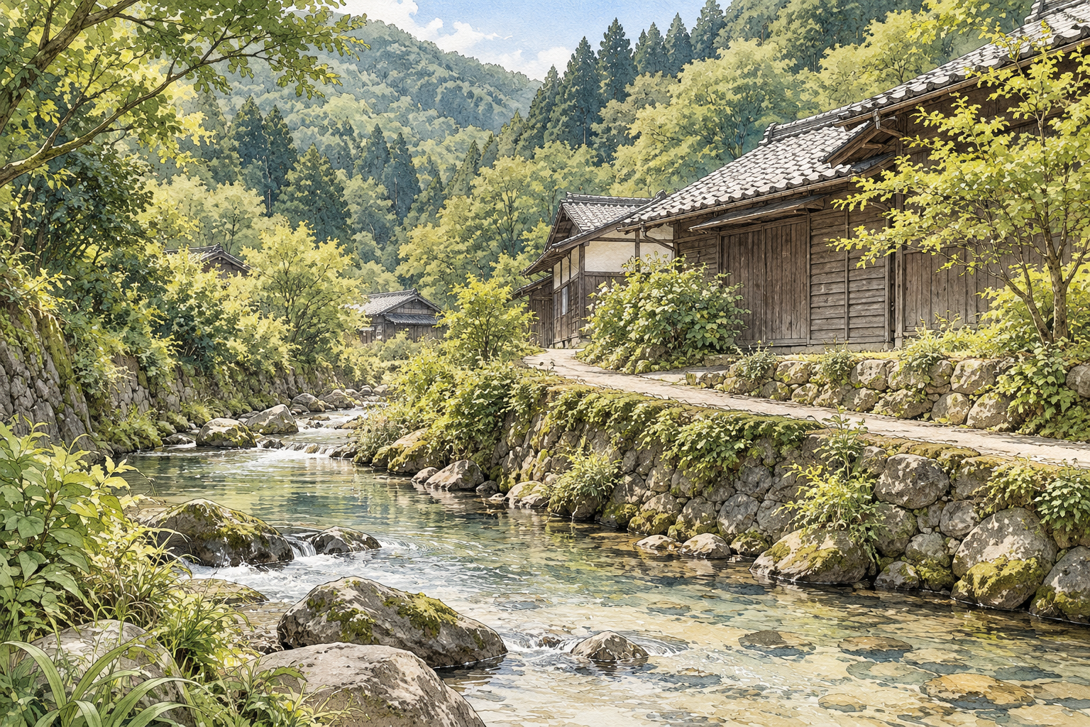 静岡県公式の花沢の里の写真をモチーフに、谷の緑と木の家並み、石の岸辺を流れる小川を別構図で描いた創作イラスト。建物や道の正確な配置、現在の通行可否を示す写真ではありません