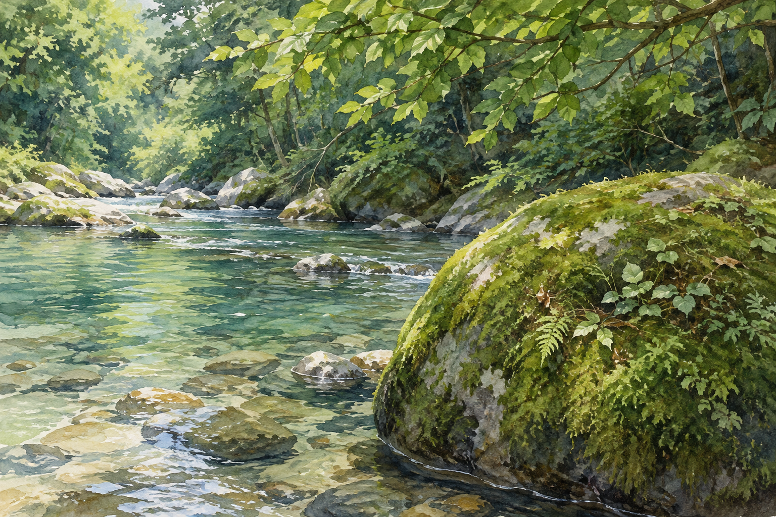 右手前の苔をまとった岩と左へ広がる浅い流れ、緑の枝葉を描いた、岐阜県山県市の円原川をモチーフにした創作イラスト