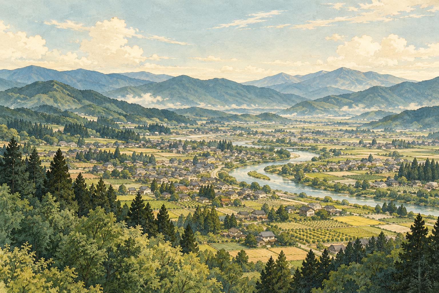 山形県の山並み、盆地の町や田畑、川をイメージした創作イラスト。特定の場所の実景、実在の企業やBämの拠点を描いたものではありません。