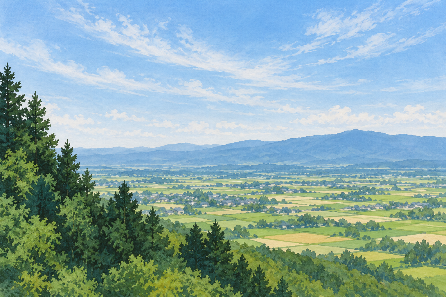山形村紹介の高台からの景観をモチーフに、緑の木々の向こうに広がる畑と小さな集落、青灰色の山並みと薄雲を別構図で描いた創作イラスト。地形や集落の形と配置は創作と簡略化を含み、正確な建物や現在の天候・農地を示す写真ではありません