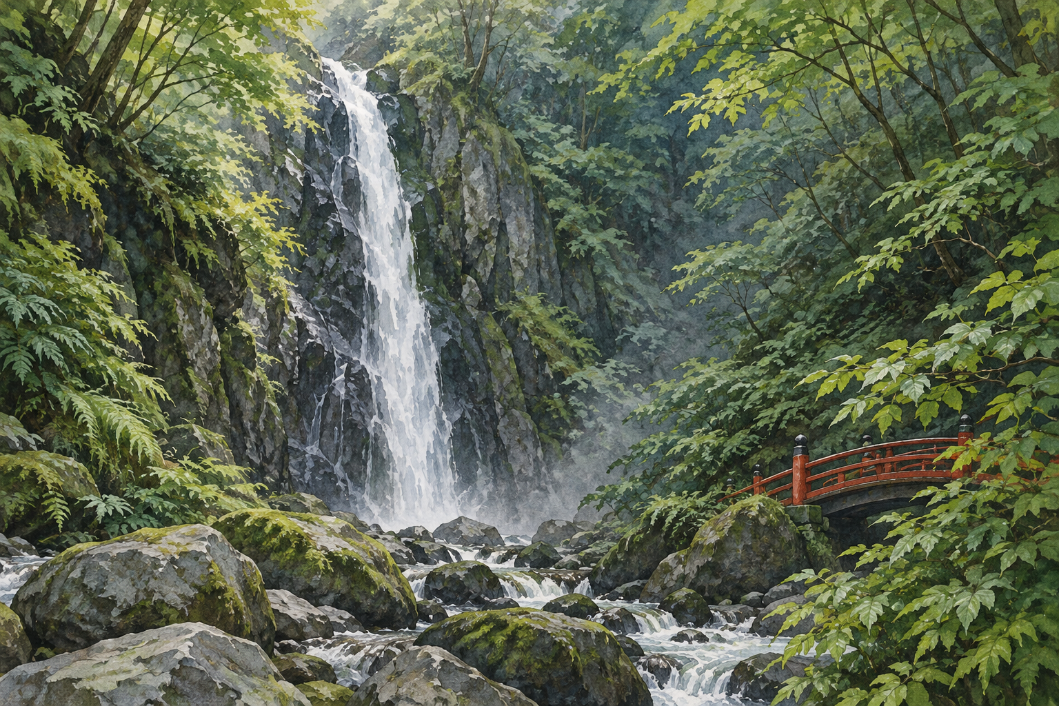 山北町の洒水の滝をモチーフに、深い緑と岩の間を落ちる白い水、手前の沢と赤い橋を描いた創作イラスト。水量・植生・岩・橋の形や配置は創作を含み、現在の通行や施設・安全状況を示す写真ではありません