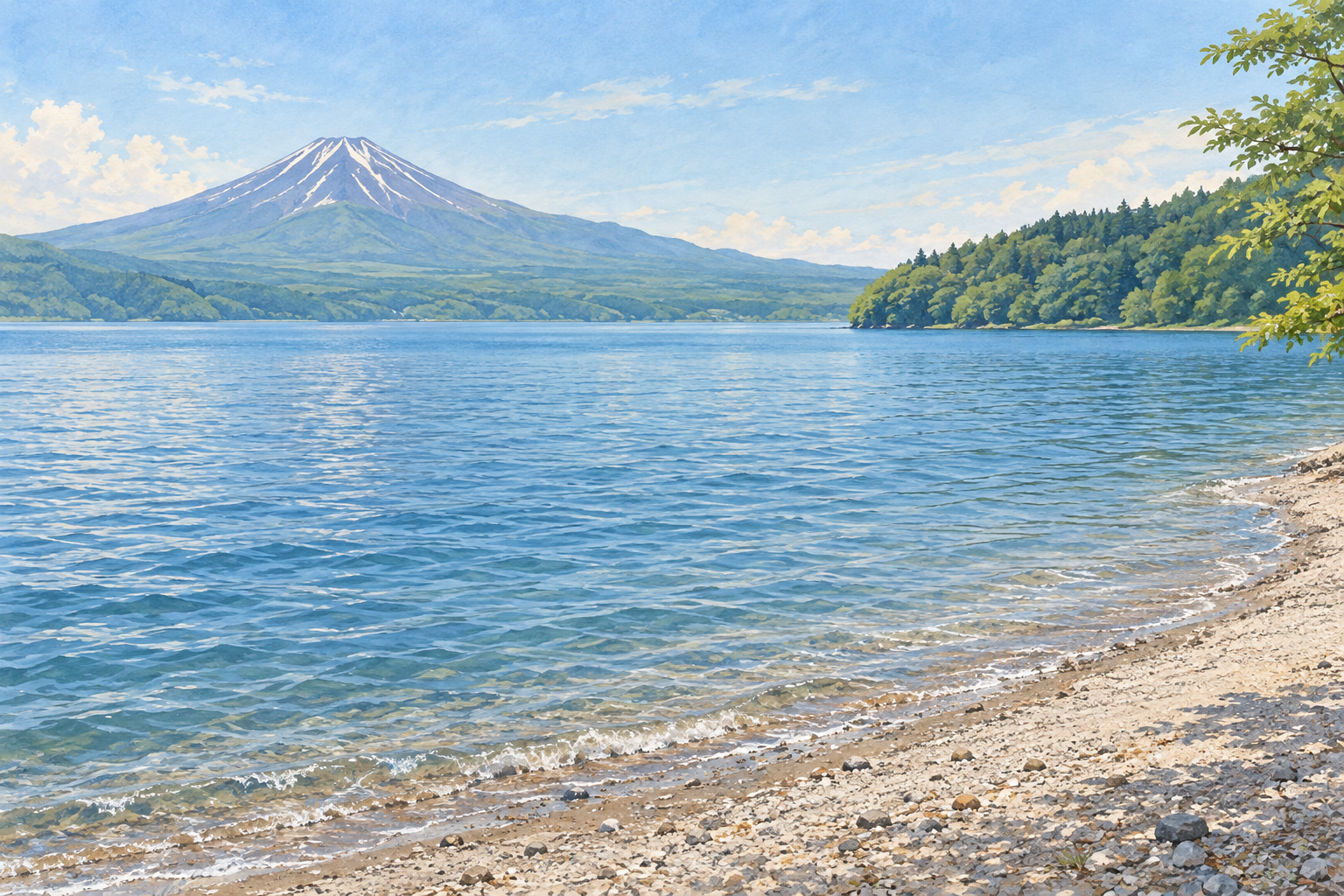 国土交通省の山中湖・平野の写真をモチーフに、湖岸の浅い水面と遠くの富士山、右の木々が茂る岸を別の構図で描く創作イラスト。山と岸の形は簡略化を含み、現在の積雪・流量や立入・営業状況を示す写真ではありません