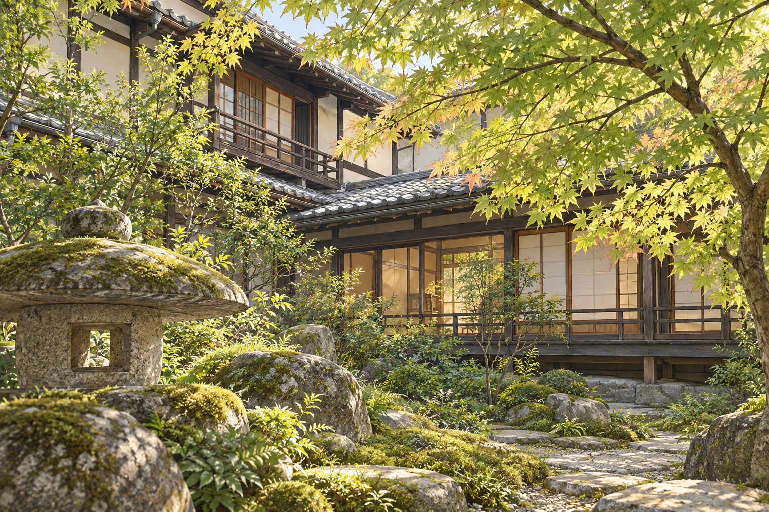 山梨県公式観光情報の根津記念館旧主屋の写真をモチーフに、木造の家と縁側、緑の枝や苔のある庭石を描く創作イラスト。建物や庭の形・配置は創作と簡略化を含み、正確な建築や現在の設備・開館状況を示す写真ではありません