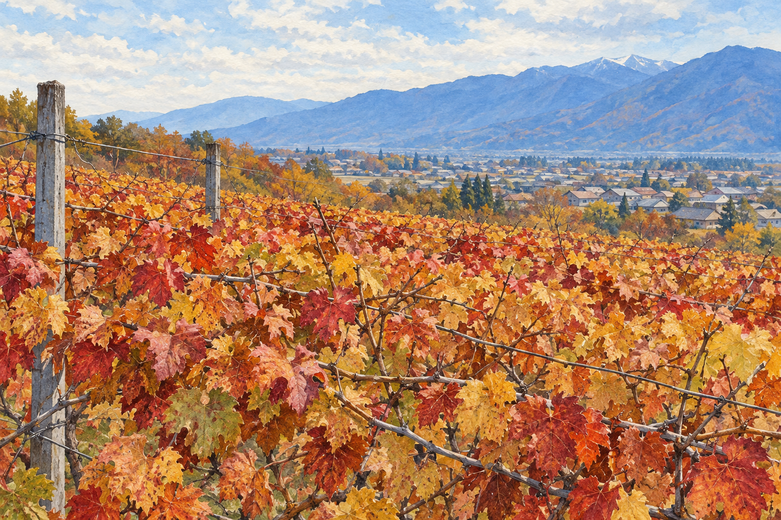 山梨県が掲載する甲州市のぶどう畑の紅葉写真をモチーフに、赤や黄金色の葉が広がる畑と盆地の家並み、遠くの青い山並みを描く創作イラスト。地形や畑・建物の配置は創作と簡略化を含み、現在の紅葉・耕作や利用状況を示す写真ではありません