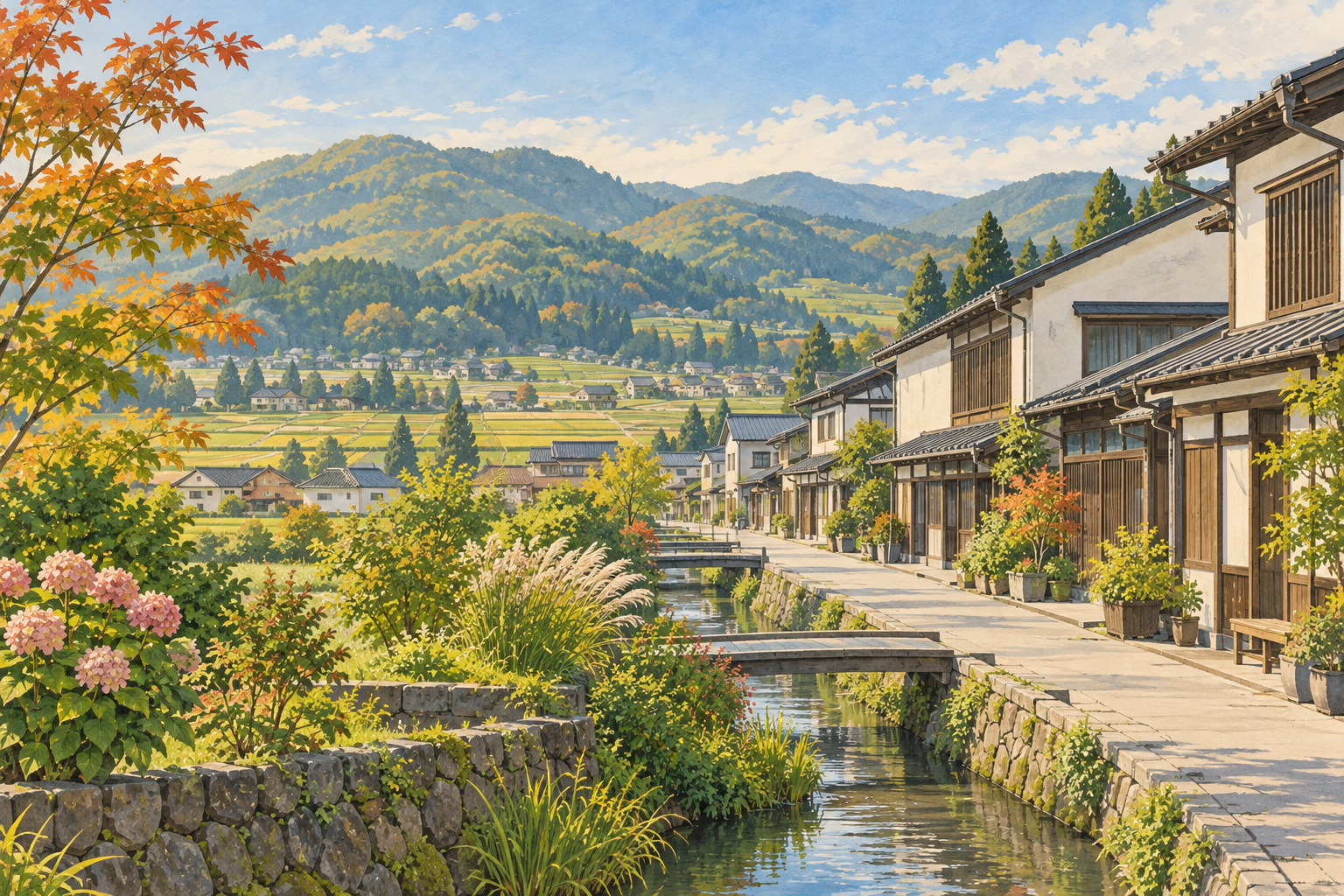 山辺町の町並み、水路、田畑と西側の丘をイメージした創作イラスト。特定地点の実景、実在の店舗・工場やBämの拠点を描いたものではありません。
