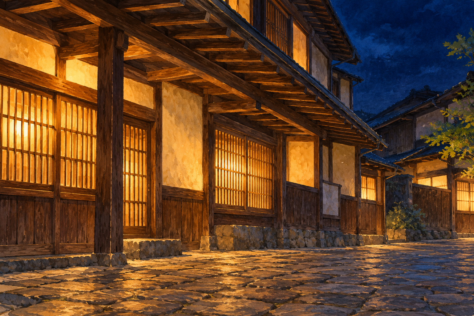 山ノ内町紹介の夜の街並みをモチーフに、木造の軒と暖かな灯り、石畳を別構図で描いた創作イラスト