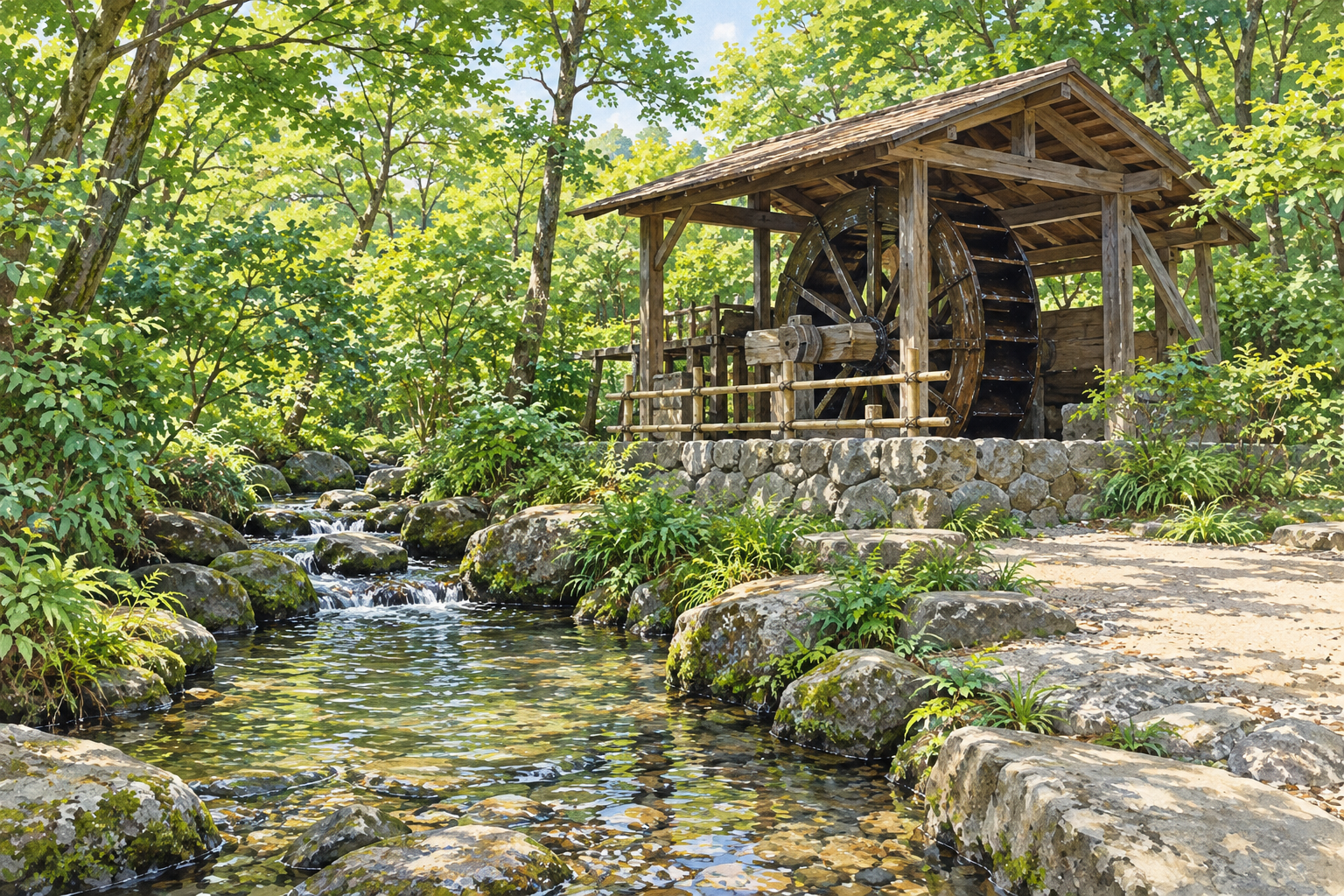 大和市の泉の森の水車小屋をモチーフに、木造の小屋と水車、浅い小川と緑の木々を描いた創作イラスト。正確な構造や配置、現在の水車の稼働、通行の状況を示す写真ではありません