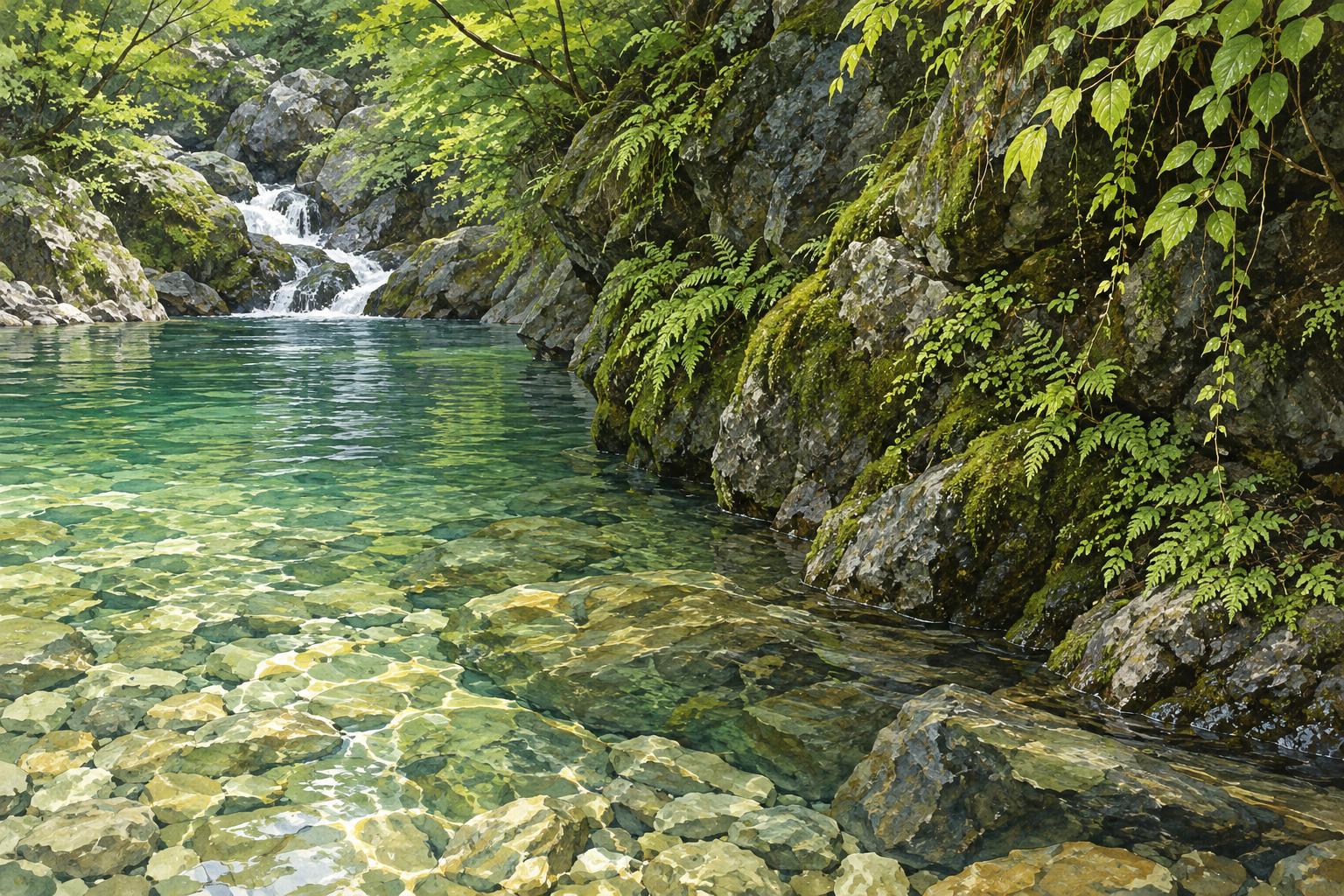 泰阜村の万古渓谷の景観をモチーフに、手前の浅い緑の水面と石、右の苔むす岩肌、左奥の小さな流れを別構図で描いた創作イラスト。岩や流れの形と配置は創作と簡略化を含み、正確な滝の形や現在の水量、立入条件を示す写真ではありません
