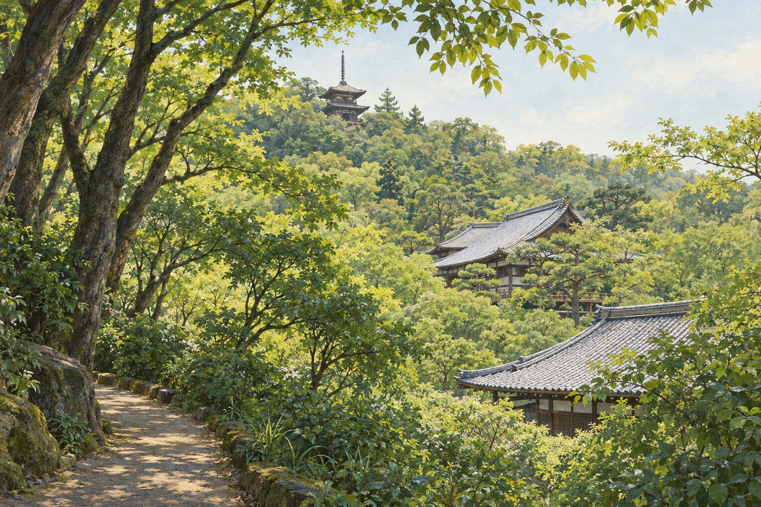 横浜市の三溪園をモチーフに、緑の木立と重なる瓦屋根、奥の丘に小さく見える三重塔を描いた創作イラスト。現在の修繕や通行、植生の状態を示す写真ではありません