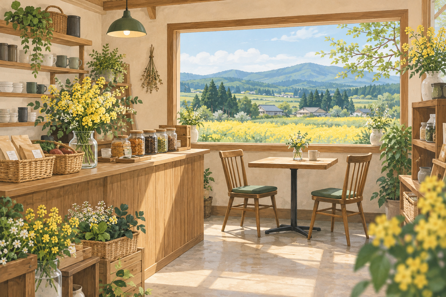 青森県横浜町をイメージした、菜の花を望む売り場とカフェのイラスト