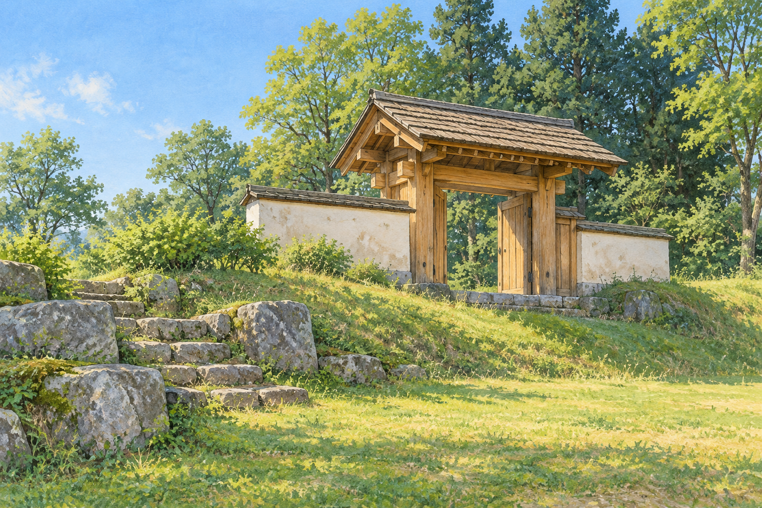 寄居町の鉢形城公園の景観資料を参考に、木の門と土の高まり、緑の木々を描いた創作イラスト。実景写真や正確な復元建築・地形、現在の通行状態を示すものではありません。