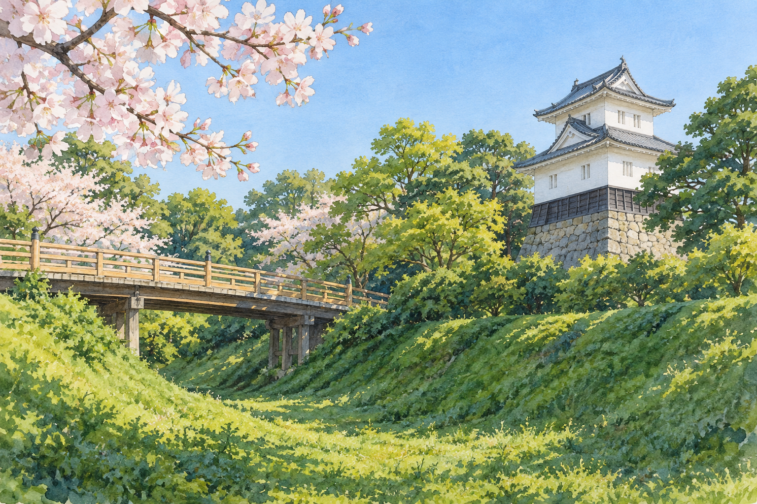吉田町公式の小山城の写真を手がかりに、白壁と灰色の屋根の建物、木の橋、緑の斜面と淡い桜を別構図で描いた創作イラスト