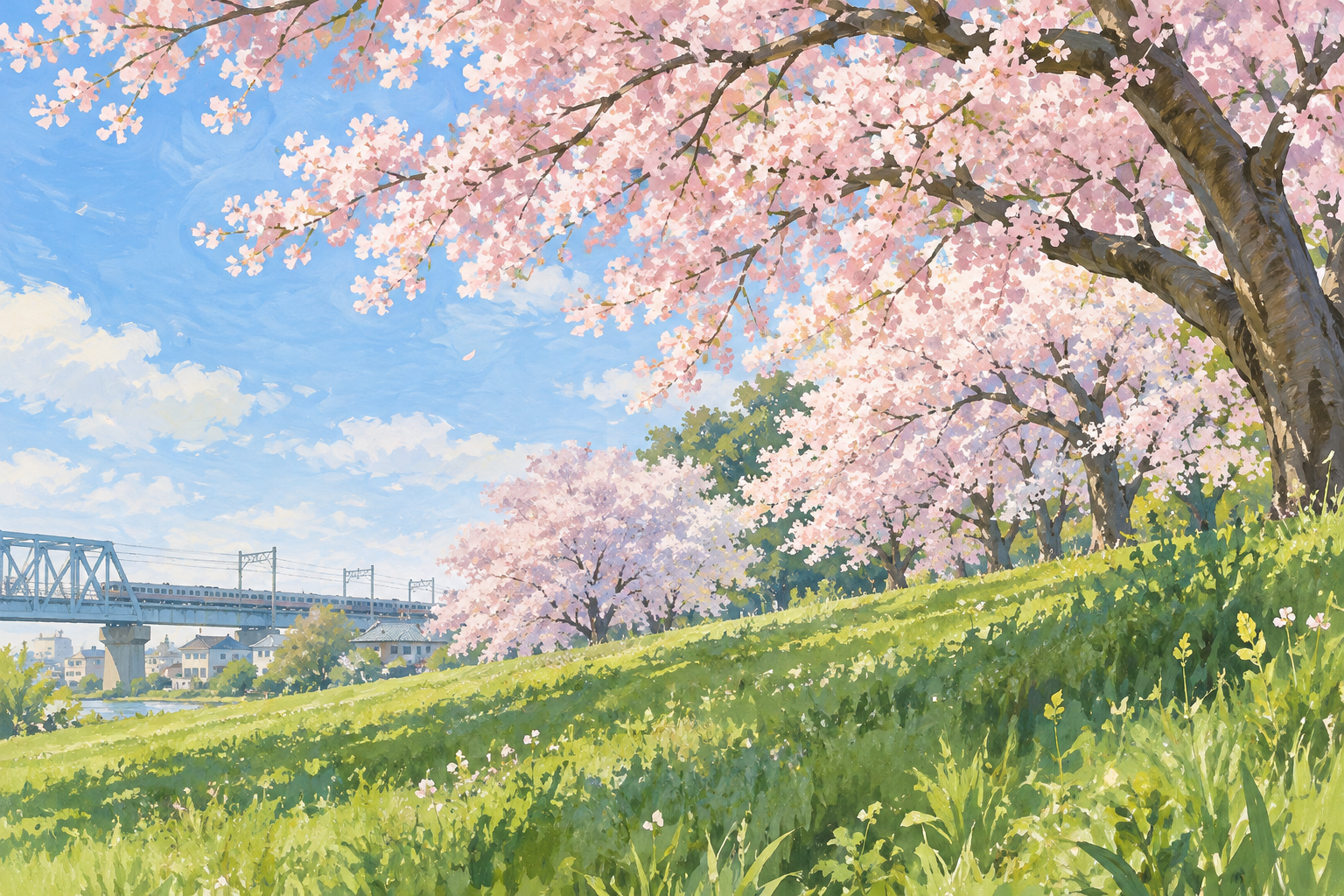 吉川市の過去の景観写真を参考に、土手の桜と草地、街並みを描いた創作イラスト。実景写真や現在の開花を示すものではありません。