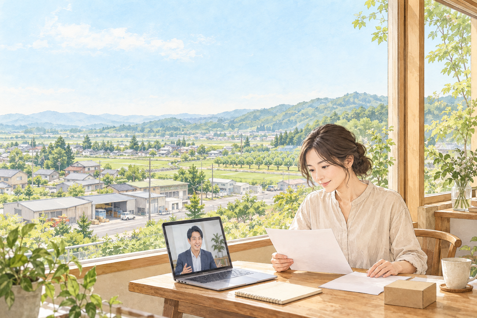吉岡らしい平野の住宅や小さな事業所、遠くの果樹や山すその緑を背景に、女性の事業者が資料を見ながらWeb相談する創作イラスト。実在の人物・会社・店舗や特定の場所の実景、Bämの拠点ではありません。