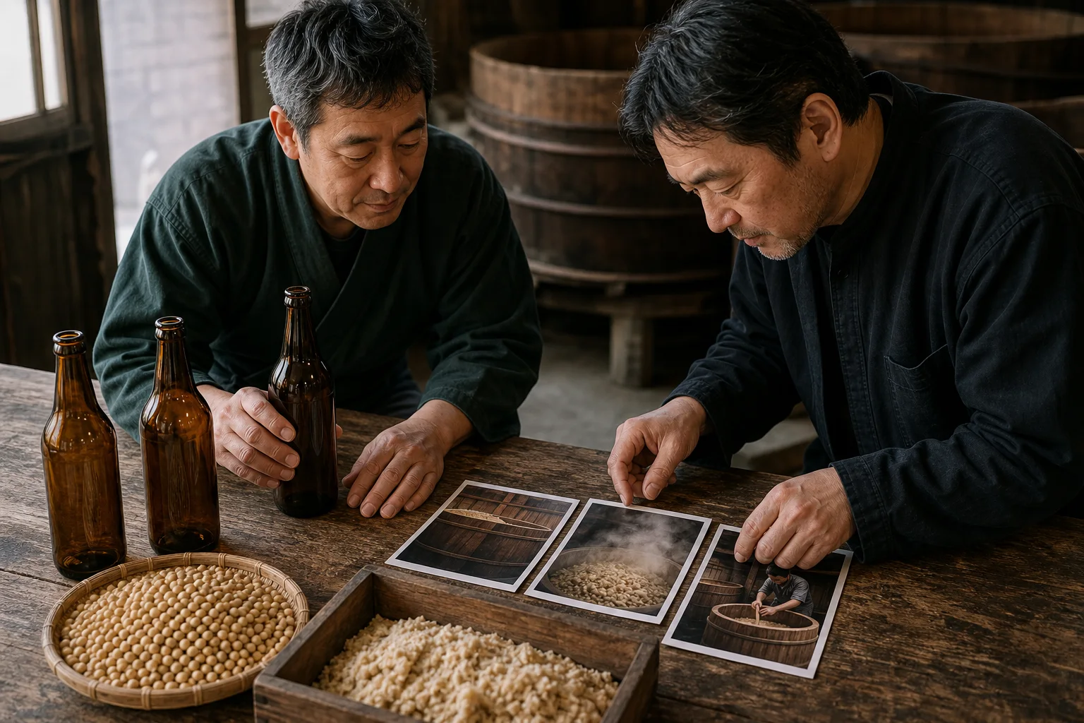 発酵食品の原料、無地瓶、製造工程の資料を見ながら掲載内容を整理する様子