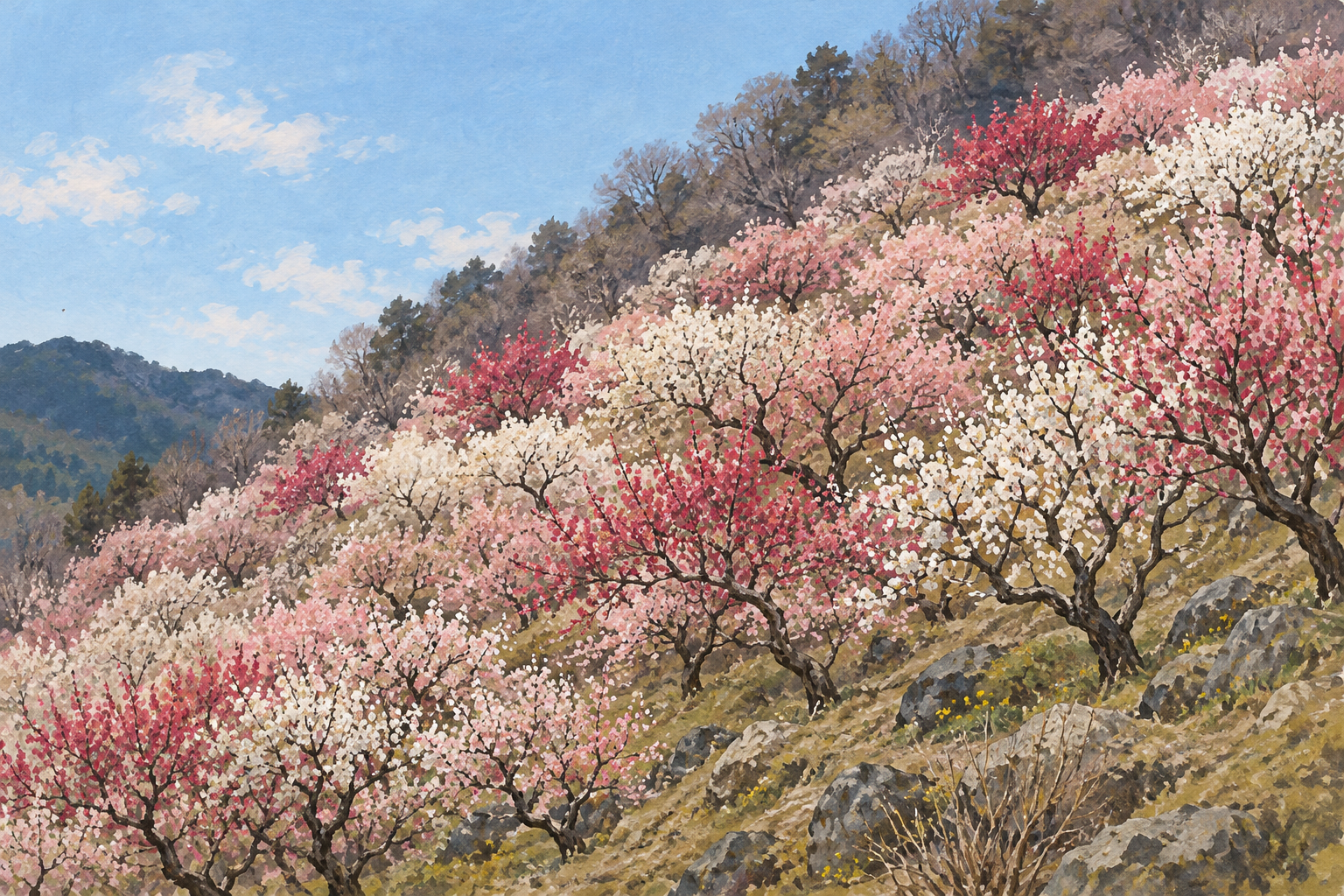 湯河原梅林と幕山のふもとをモチーフに、斜面に重なる紅梅・白梅と冬の山林を描いた創作イラスト。樹形・花・地形・植生の形や配置は創作を含み、現在の開花や催事・通行・安全状況を示す写真ではありません