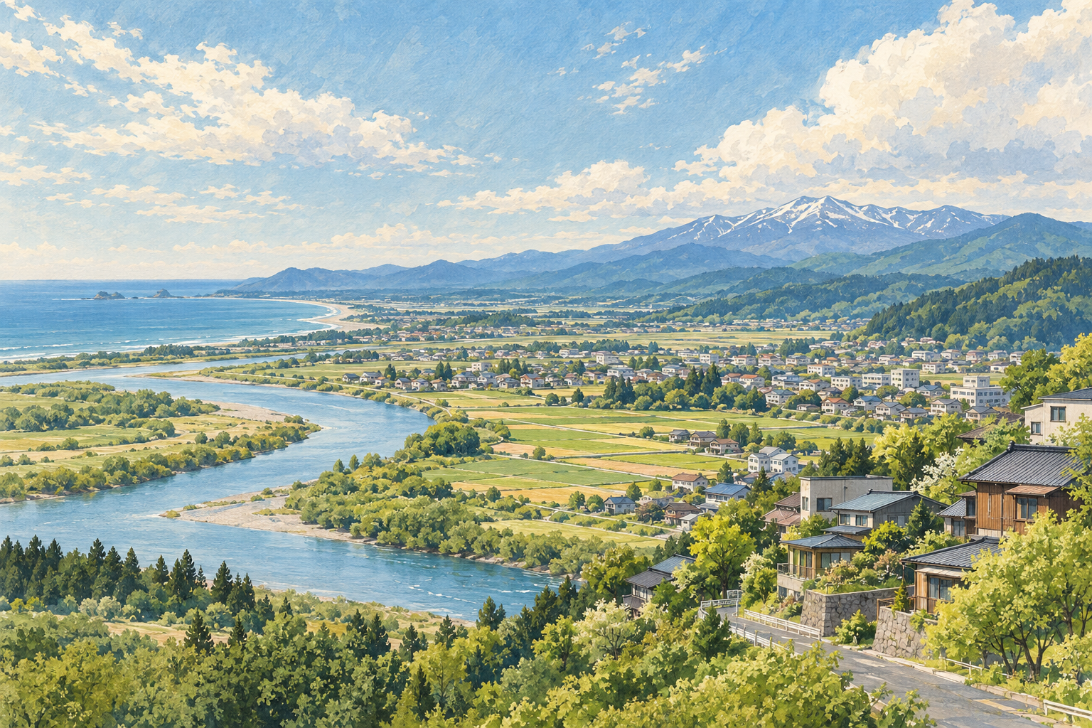 由利本荘市の海岸と川、平野と町並み、山並みをイメージした創作イラスト。実在の施設やBämの拠点を描いたものではありません。