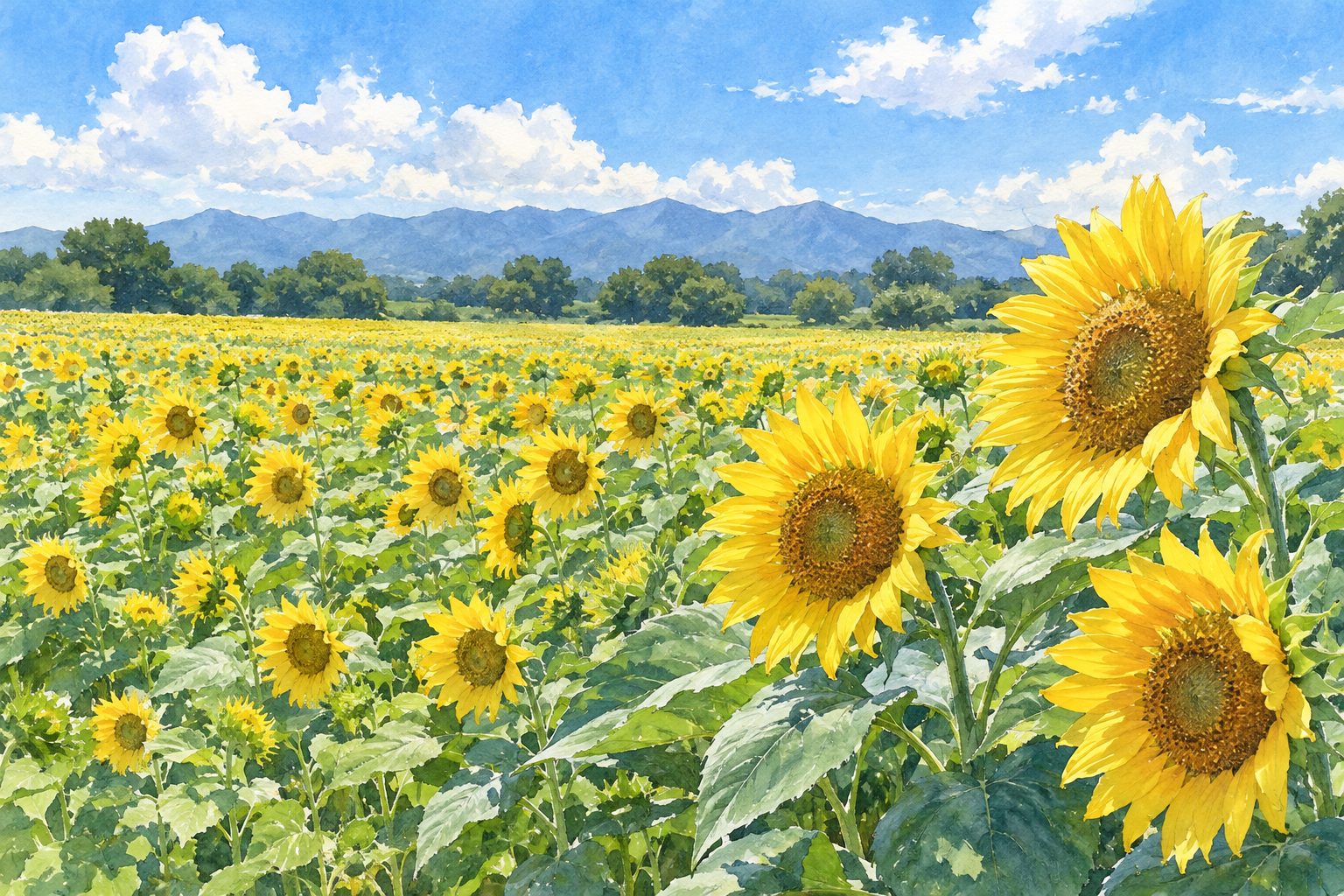 座間市の夏のひまわり畑をモチーフに、黄色い花と緑の葉、低い木々と遠い山並み、青空を描いた創作イラスト。現在の開花や催し、正確な地形・立入状況を示す写真ではありません