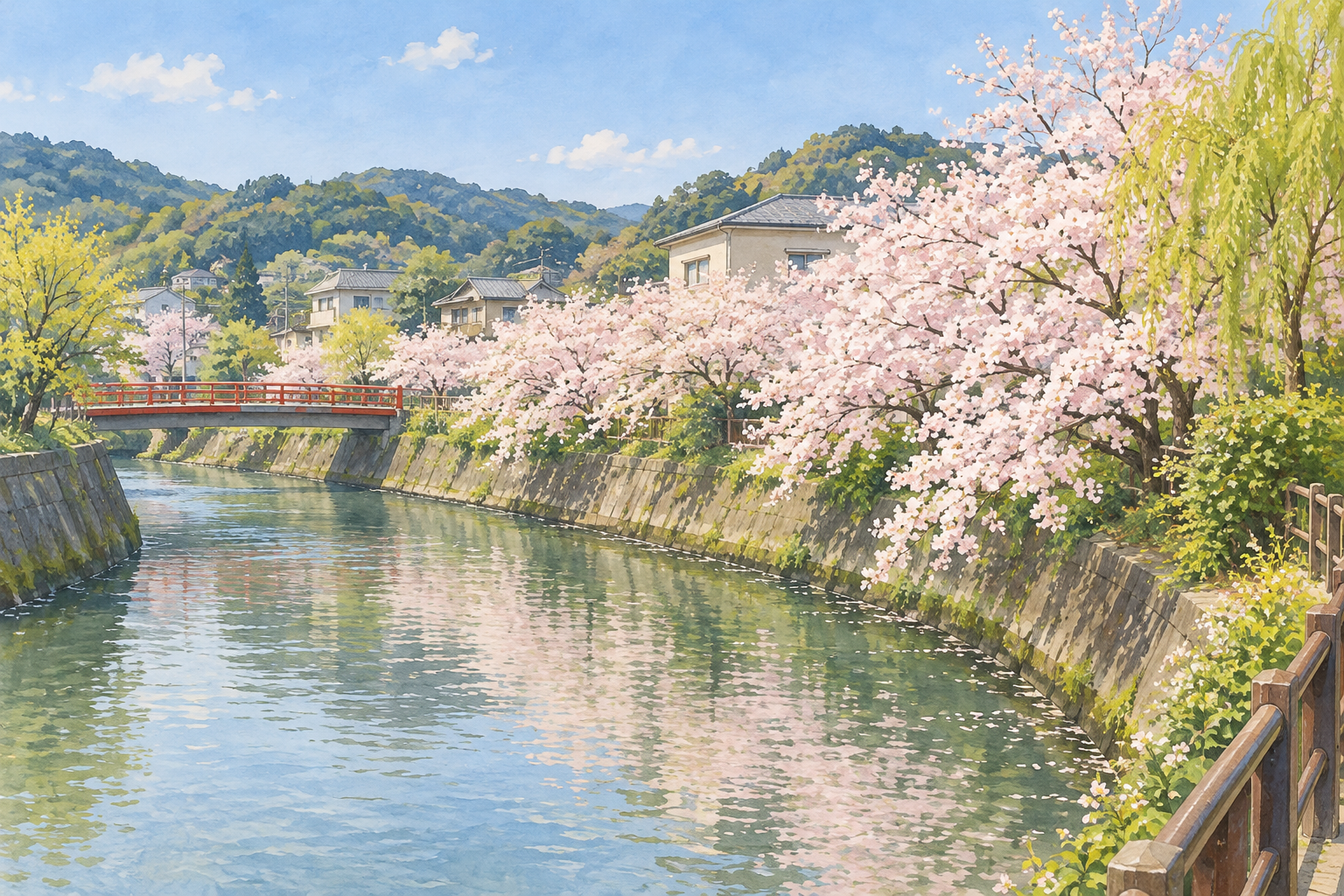 逗子市の田越川の桜と柳、仲町橋付近をモチーフに、川沿いの花と低い町並みを描いた創作イラスト。現在の開花や通行、安全、正確な配置を示す写真ではありません