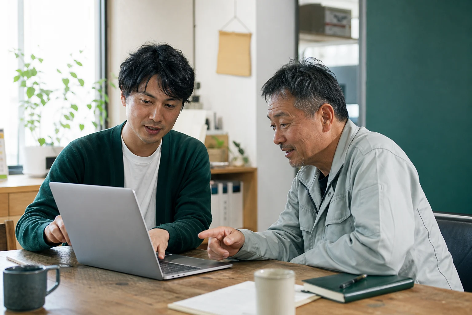 公開したホームページを一緒に確認し、今後の更新について話す場面
