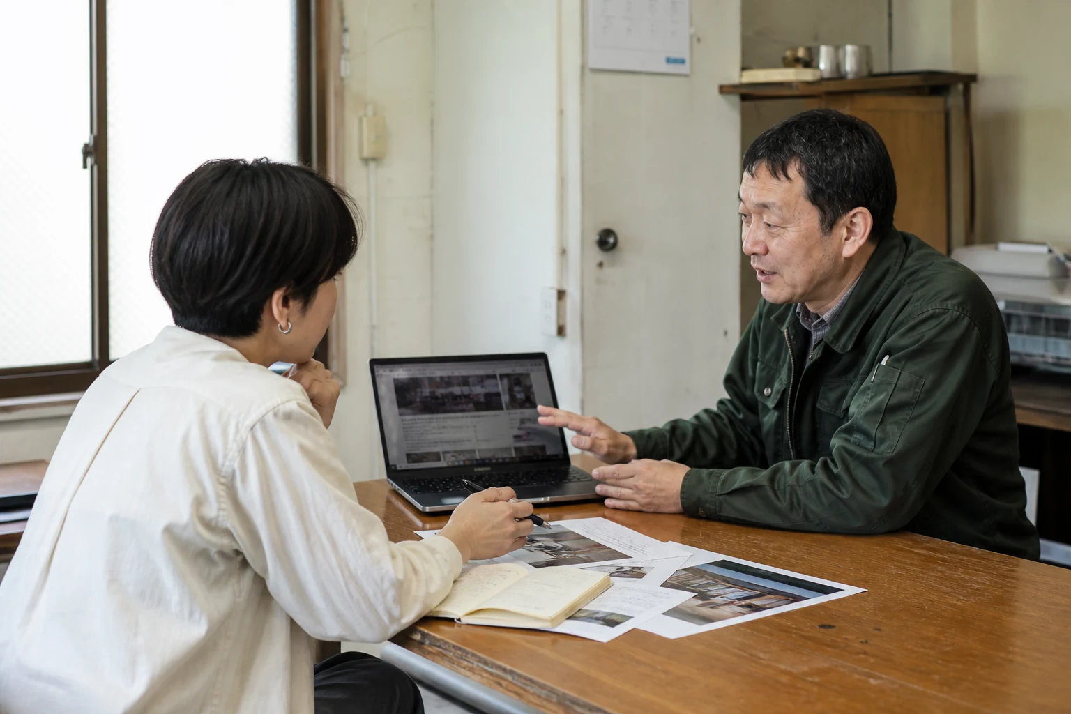 会社を訪問し、ホームページで伝える内容について話を伺う場面