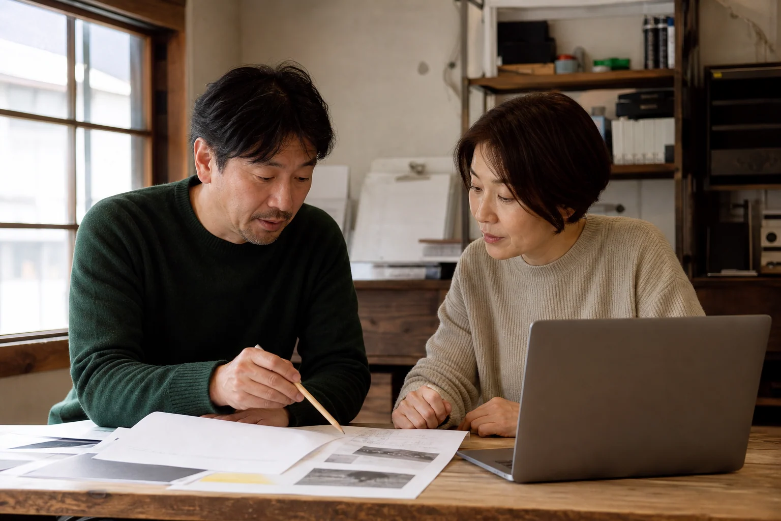 記事の原稿と資料を、二人で確認している様子