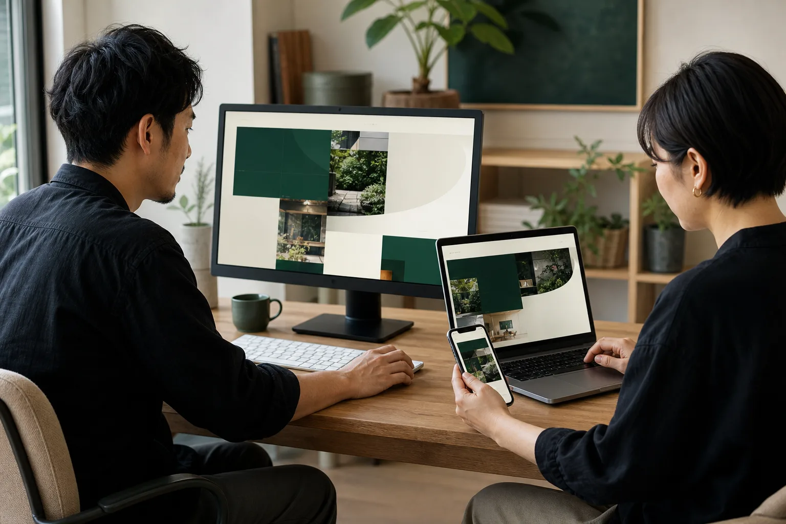 パソコン、タブレット、スマートフォンで制作画面を確認する様子