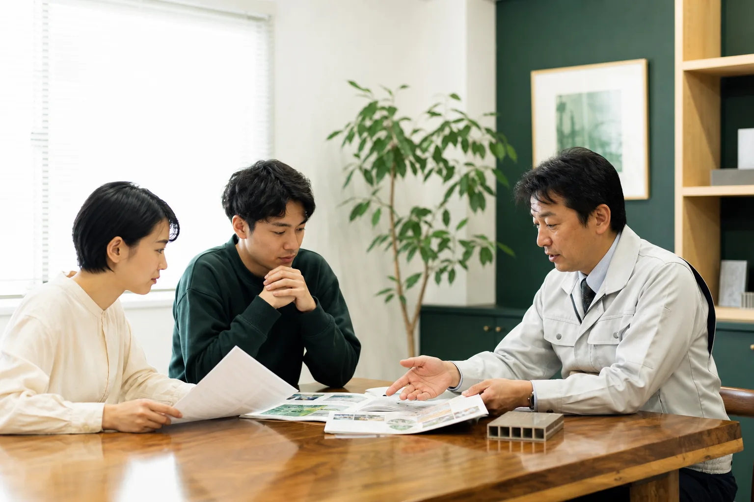 会社資料を囲み、必要なページと見積り内容を確認する様子