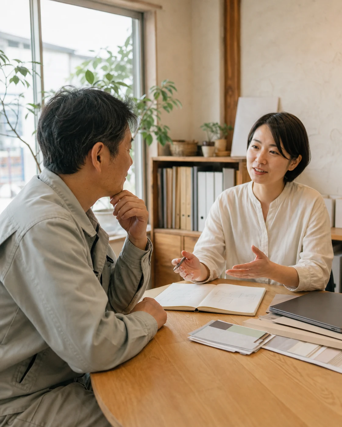 小さな事業所でホームページ制作について話す経営者と担当者