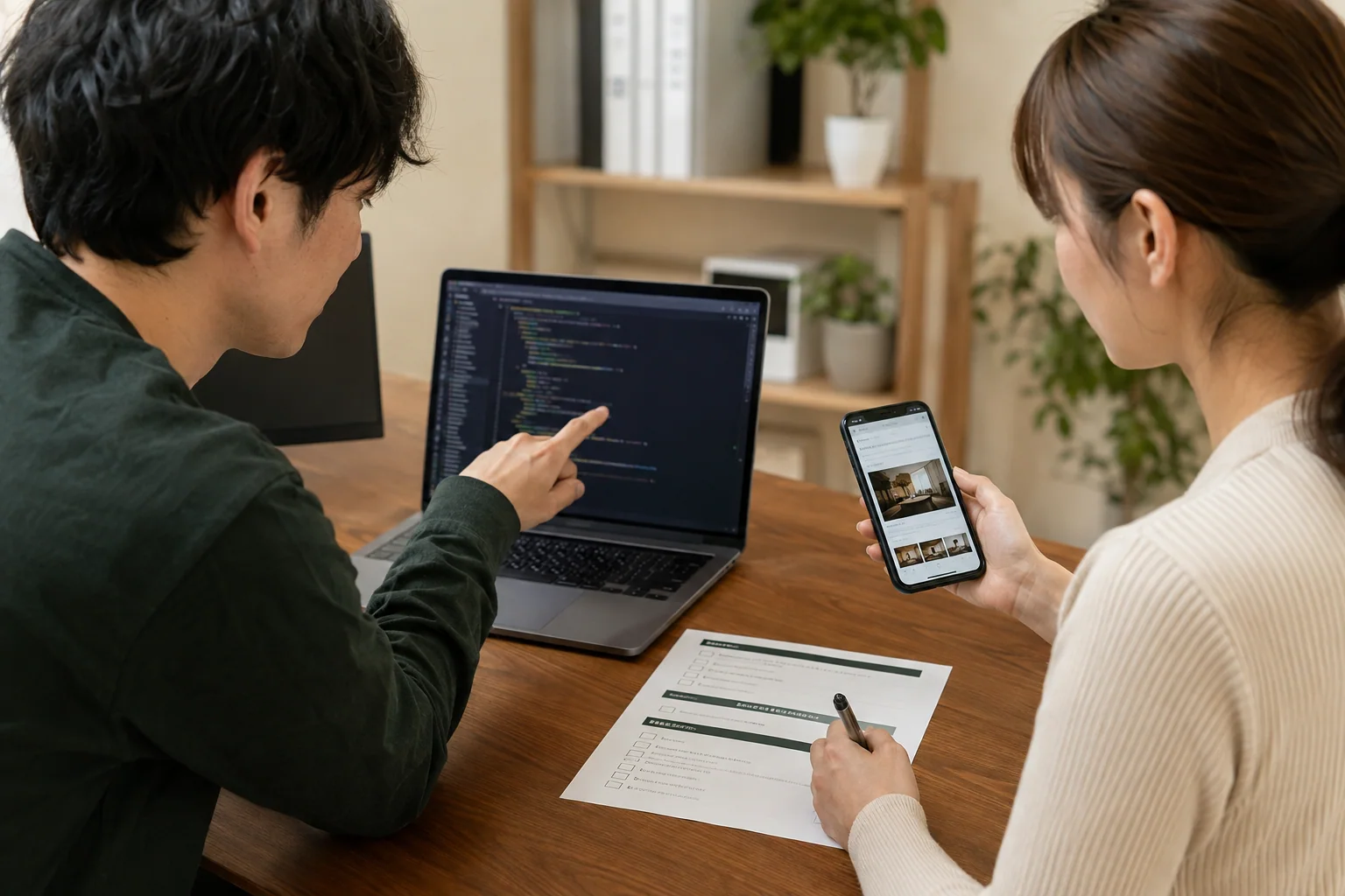 日本の中小企業の担当者と制作担当者がパソコンとスマートフォンとチェック表でホームページ更新後の状態を確認する様子