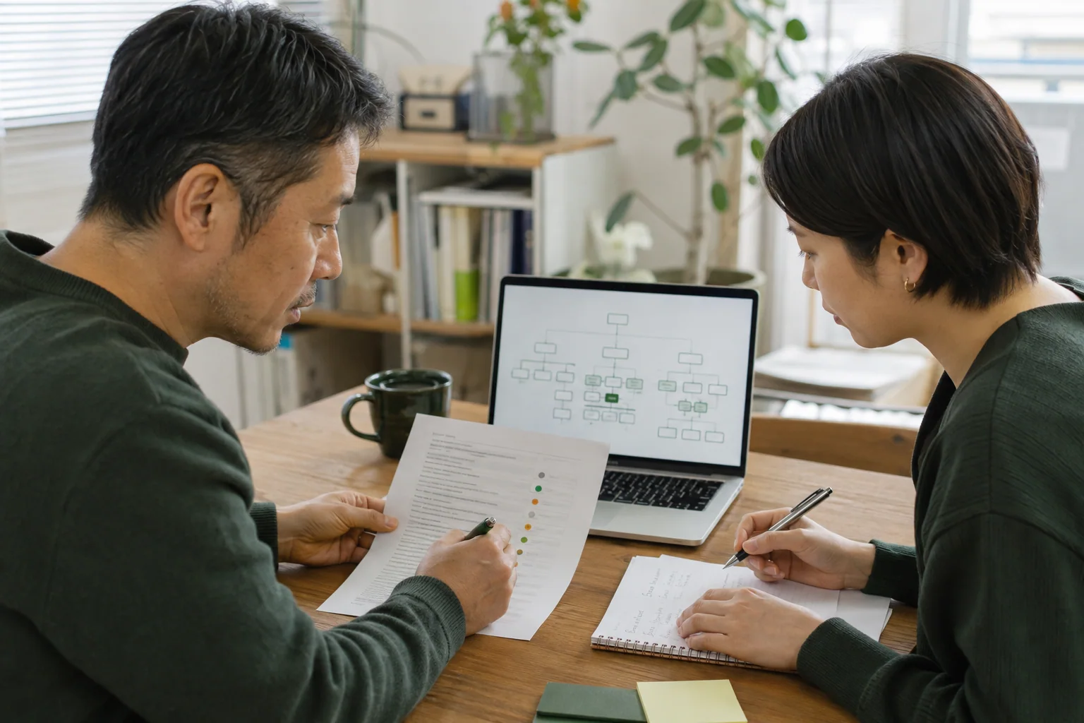日本の中小企業の担当者と制作担当者がノートパソコンと印刷したURL一覧を見ながらXMLサイトマップを確認する様子