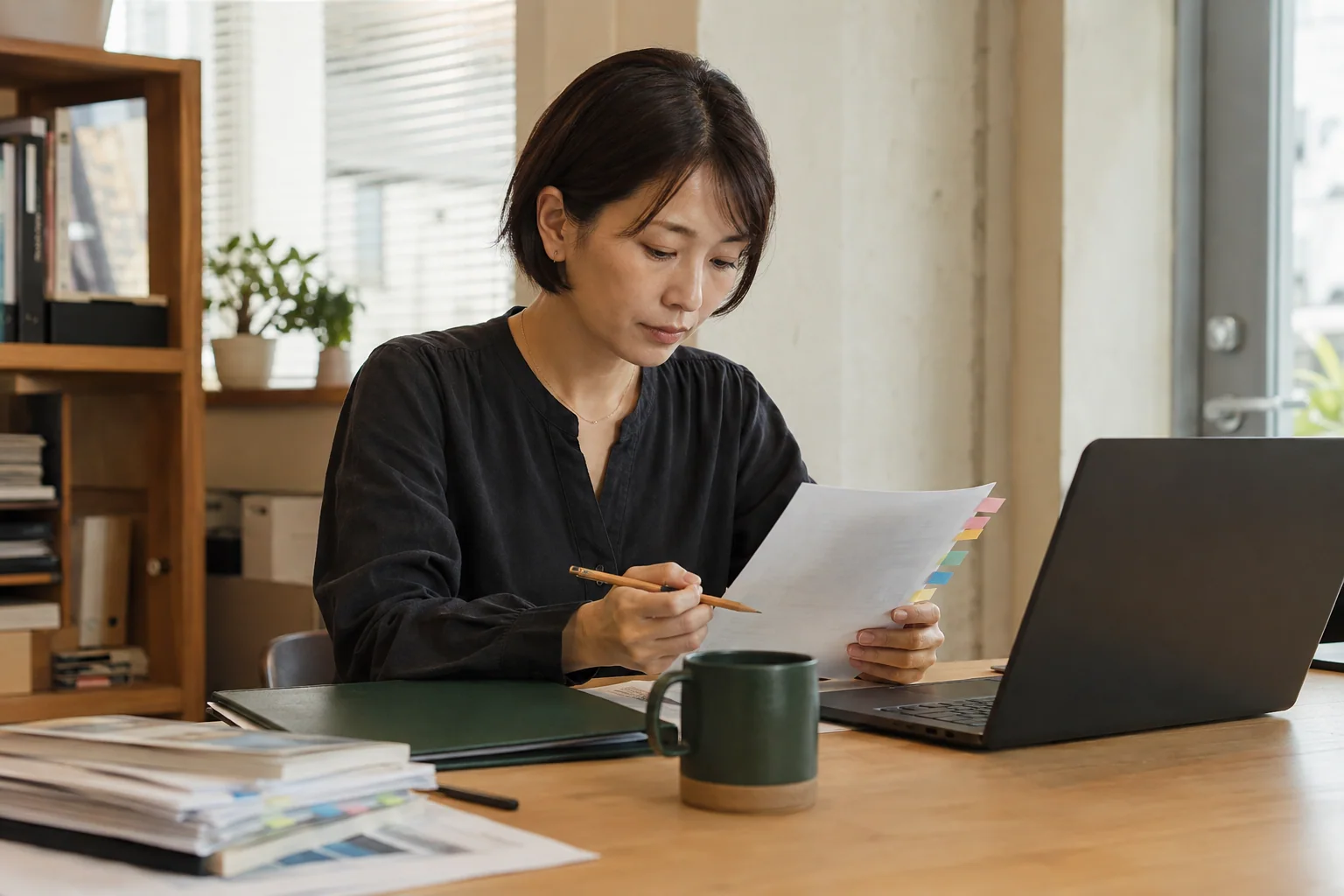 日本の編集者がノートパソコンと付箋付きの原稿を見比べながら記事を確認する様子