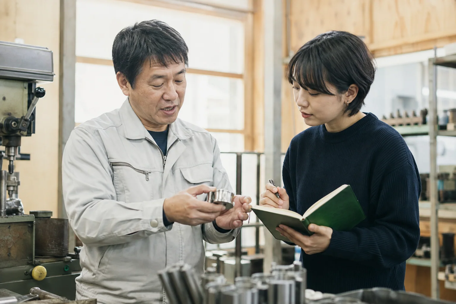 日本の小さな製造現場で担当者が部品を示しながら編集者へ仕事の知識を説明する様子