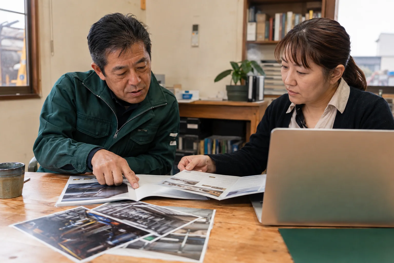 会社案内と仕事の写真を木の机に広げて掲載内容を確認する経営者と担当者