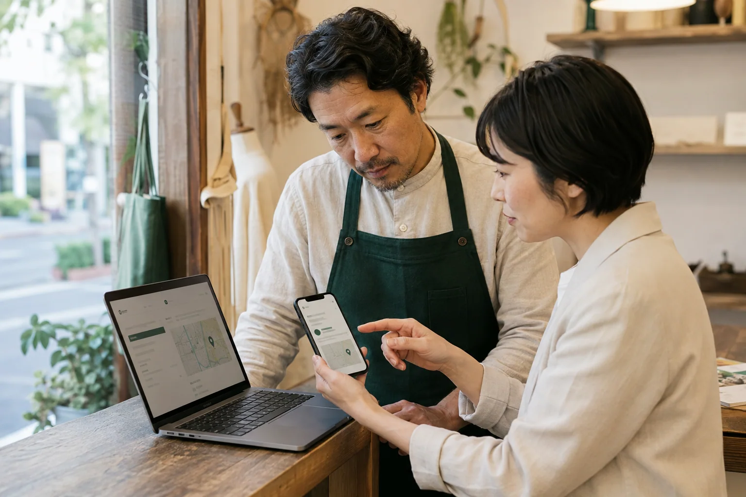 日本の小規模店舗で事業者と支援者がスマートフォンとノートパソコンを見比べて地域向け情報を確認する様子