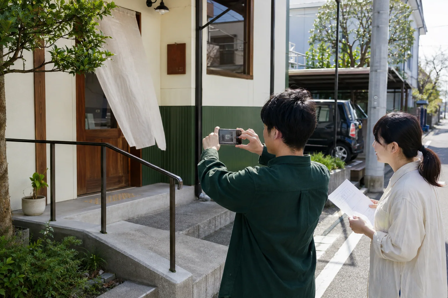 日本の地域店舗で担当者二人が入口と外観をスマートフォンで撮影する様子